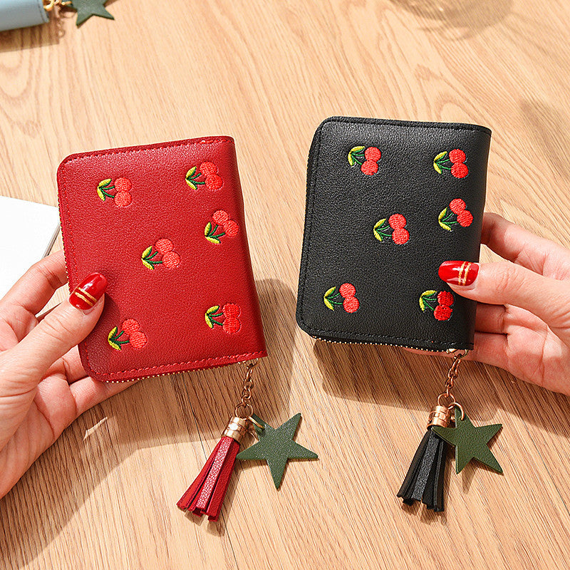 Short Cherry Embroidery Trendy Small Minimalist Ladies Wallets