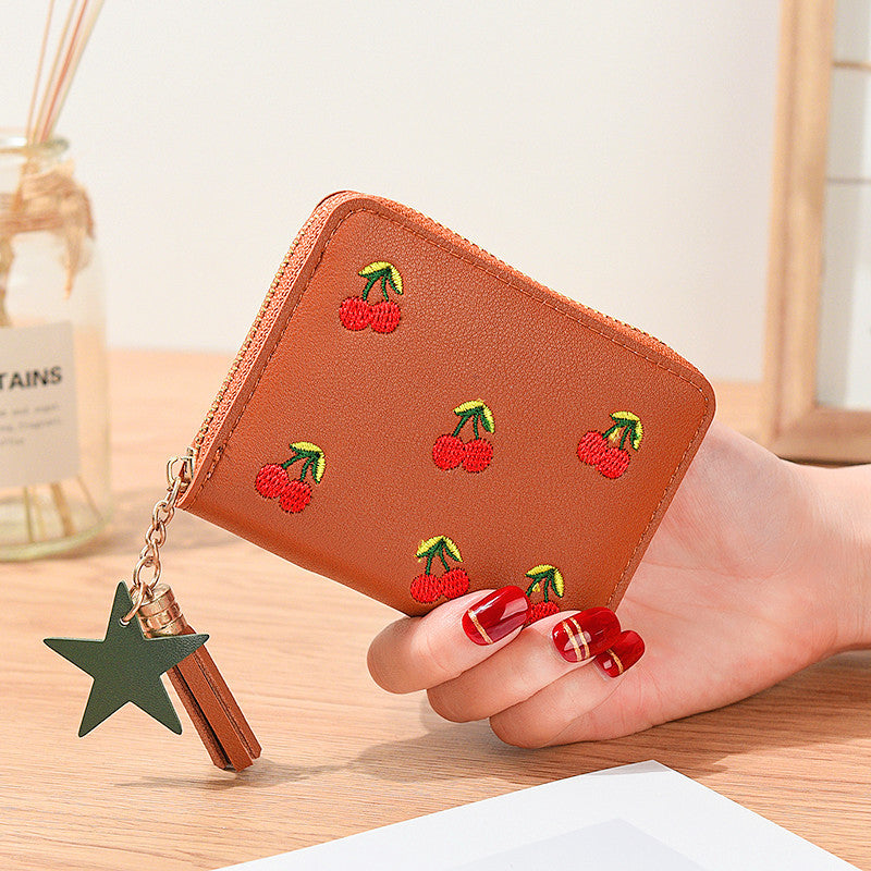 Short Cherry Embroidery Trendy Small Minimalist Ladies Wallets