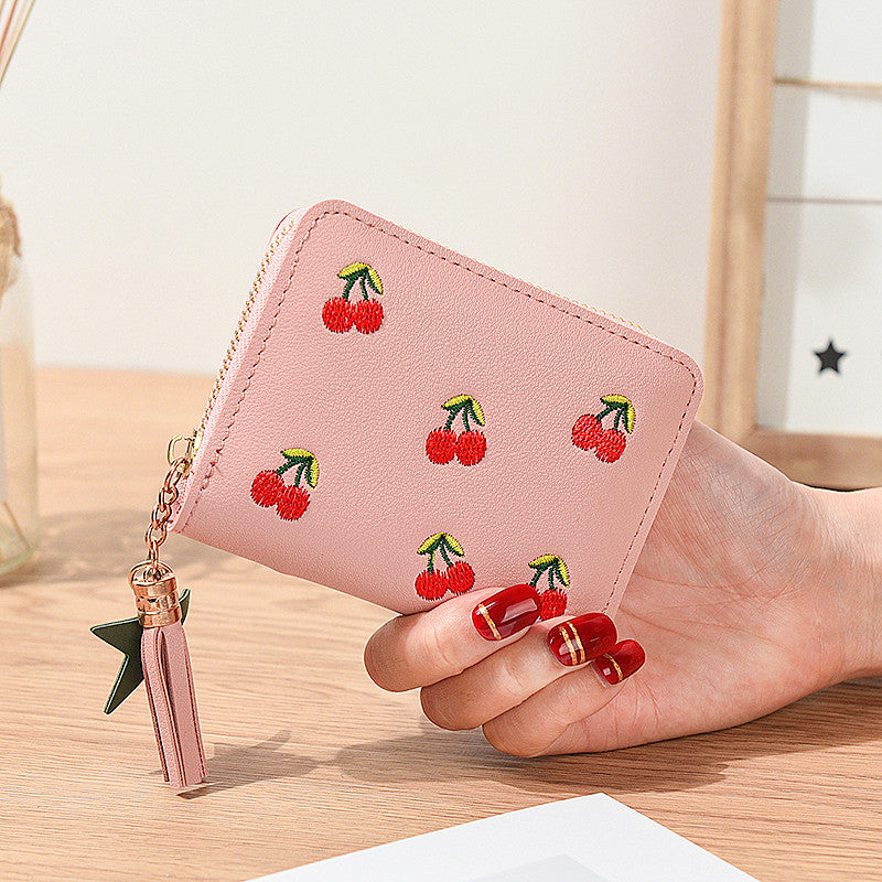 Short Cherry Embroidery Trendy Small Minimalist Ladies Wallets