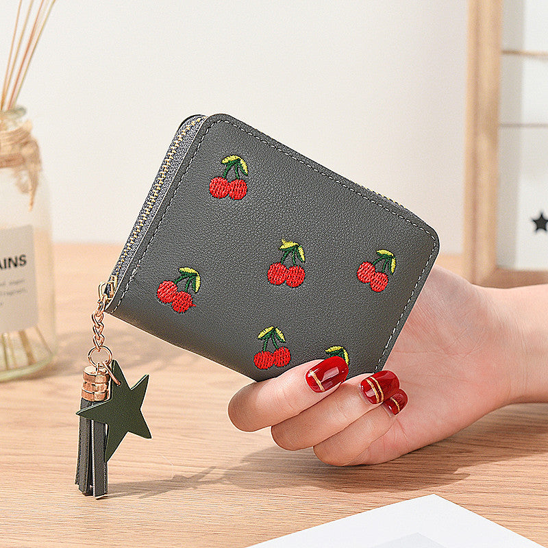 Short Cherry Embroidery Trendy Small Minimalist Ladies Wallets