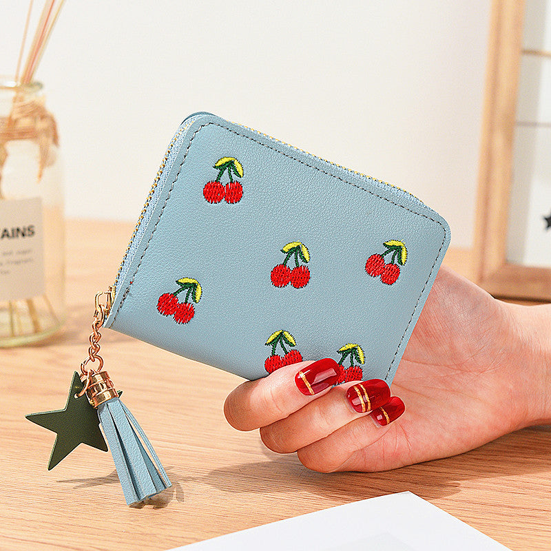 Short Cherry Embroidery Trendy Small Minimalist Ladies Wallets