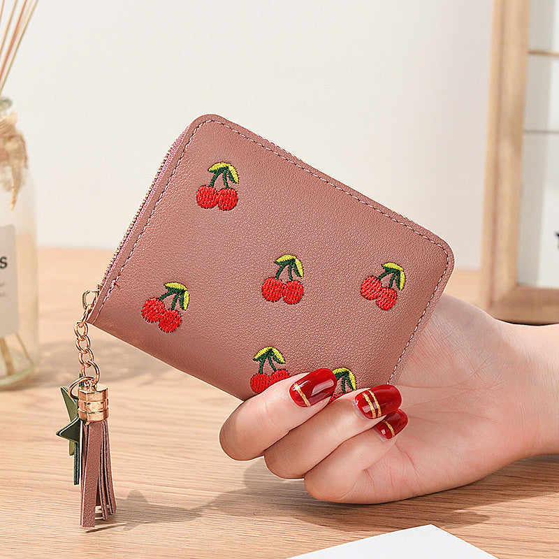 Short Cherry Embroidery Trendy Small Minimalist Ladies Wallets