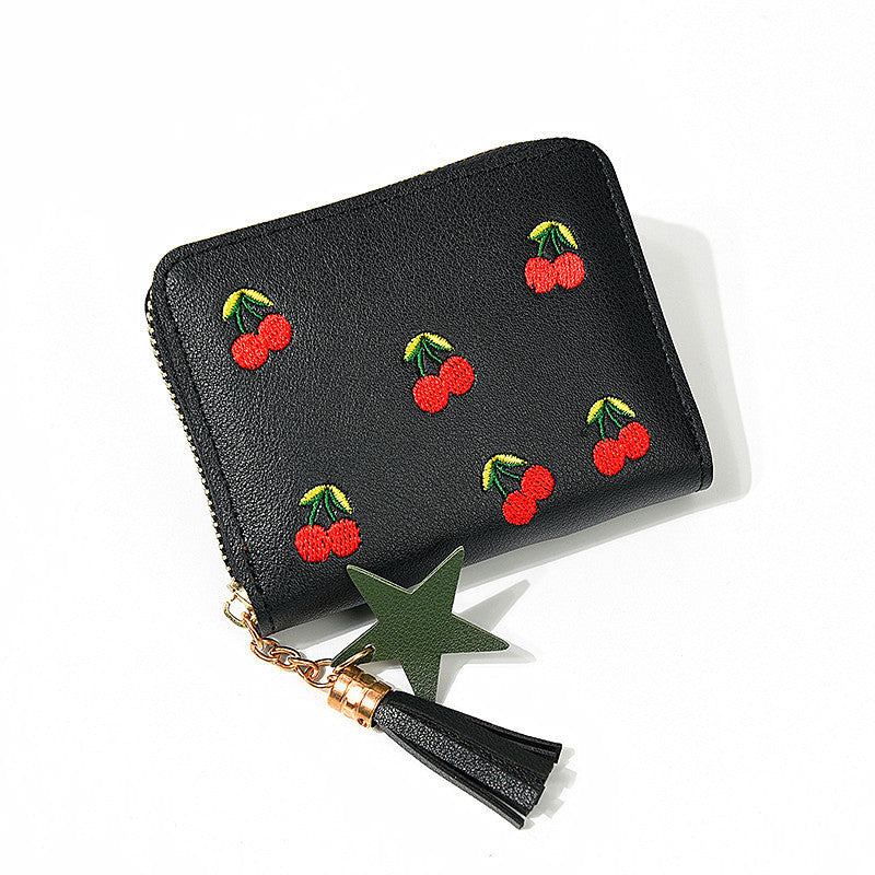 Short Cherry Embroidery Trendy Small Minimalist Ladies Wallets