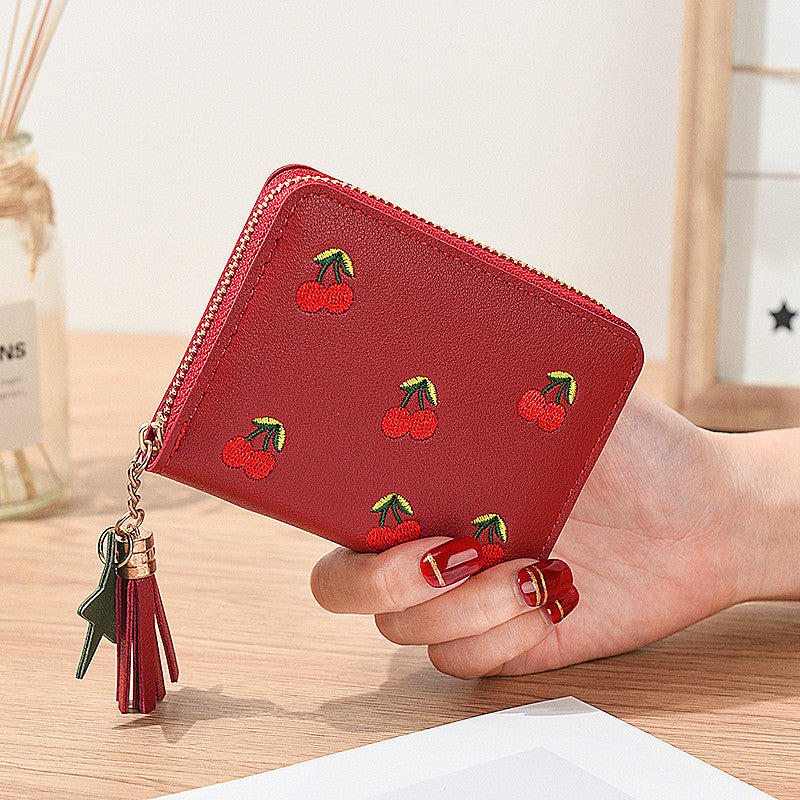 Short Cherry Embroidery Trendy Small Minimalist Ladies Wallets