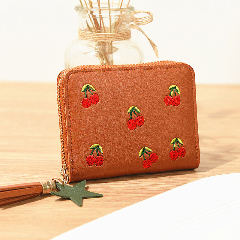 Short Cherry Embroidery Trendy Small Minimalist Ladies Wallets