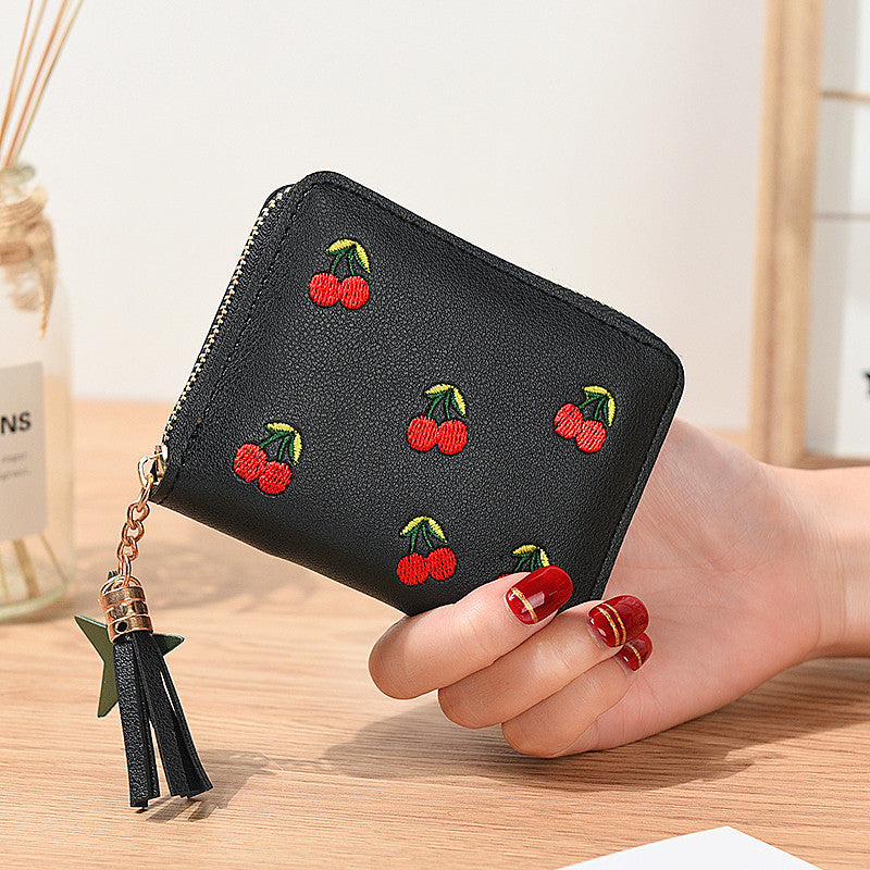 Short Cherry Embroidery Trendy Small Minimalist Ladies Wallets