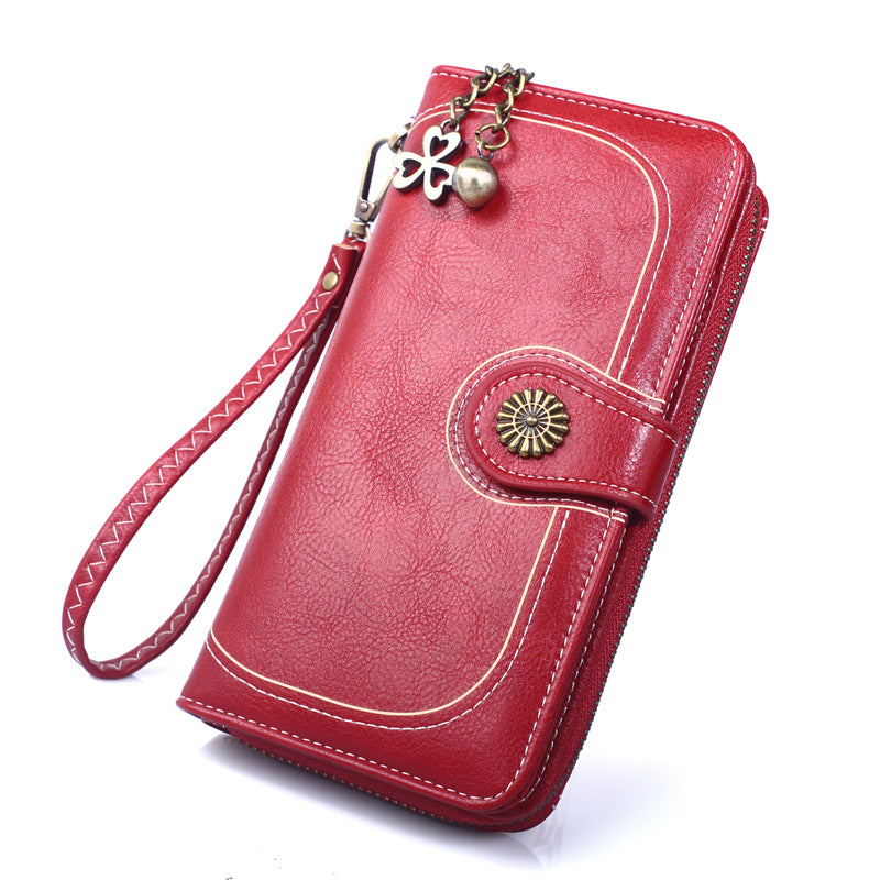 Women's Mobile Long Zipper Oil Leather Hand Ladies Wallets