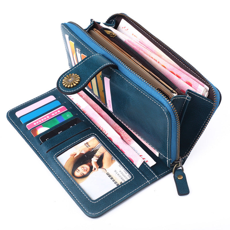 Women's Fashion Oil Wax Leather Hand Long Ladies Wallets