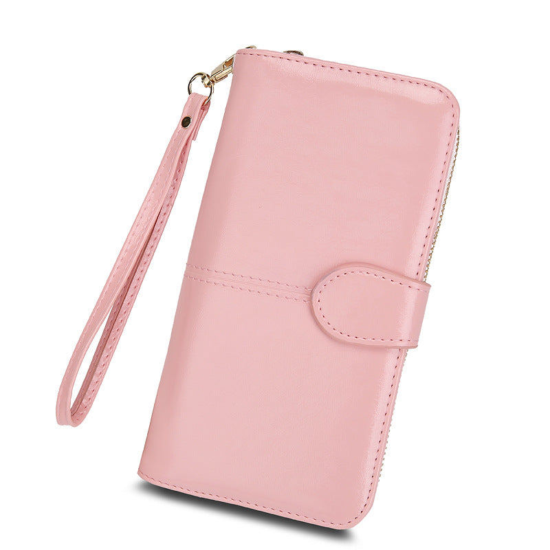 Women's Zipper Oil Wax Leather Mobile Clutch Ladies Wallets