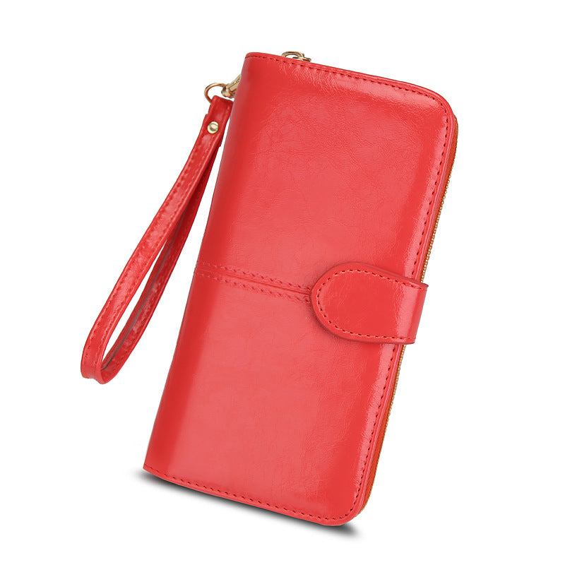 Women's Zipper Oil Wax Leather Mobile Clutch Ladies Wallets