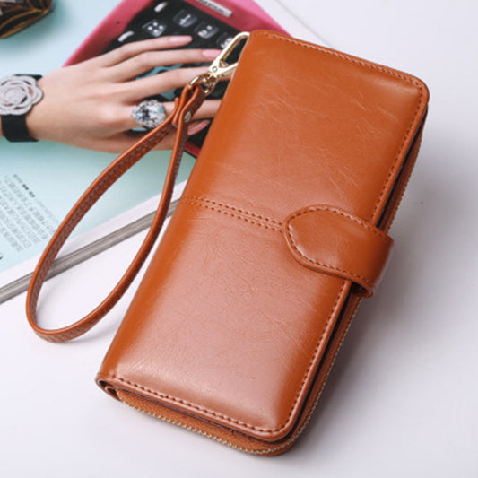 Women's Zipper Oil Wax Leather Mobile Clutch Ladies Wallets