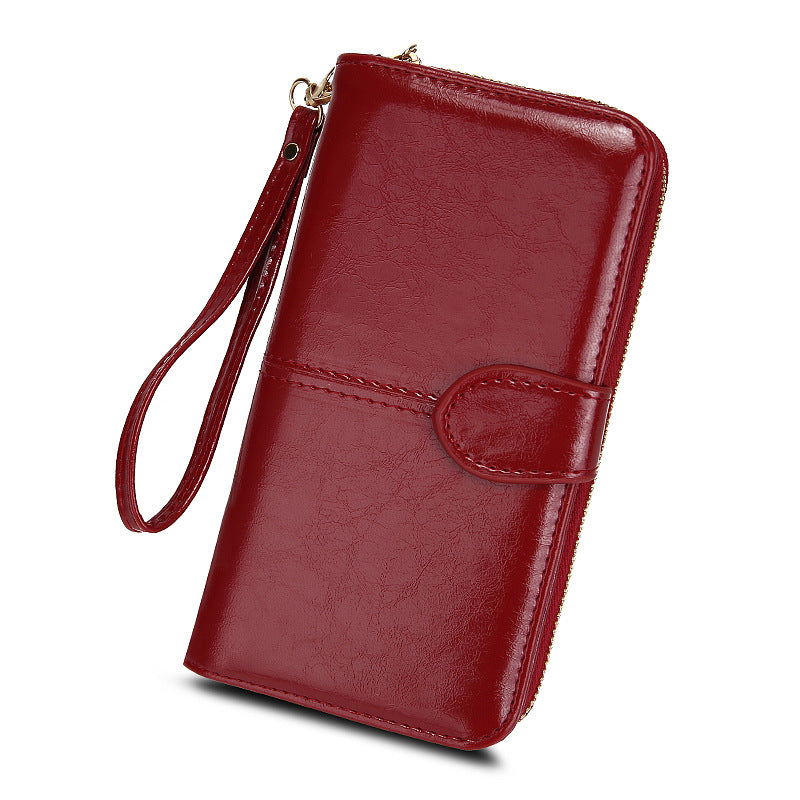 Women's Zipper Oil Wax Leather Mobile Clutch Ladies Wallets