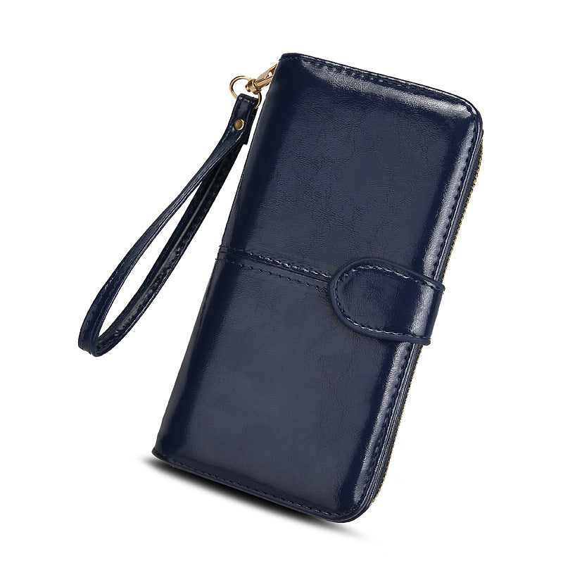 Women's Zipper Oil Wax Leather Mobile Clutch Ladies Wallets