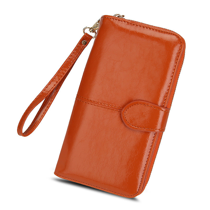 Women's Zipper Oil Wax Leather Mobile Clutch Ladies Wallets