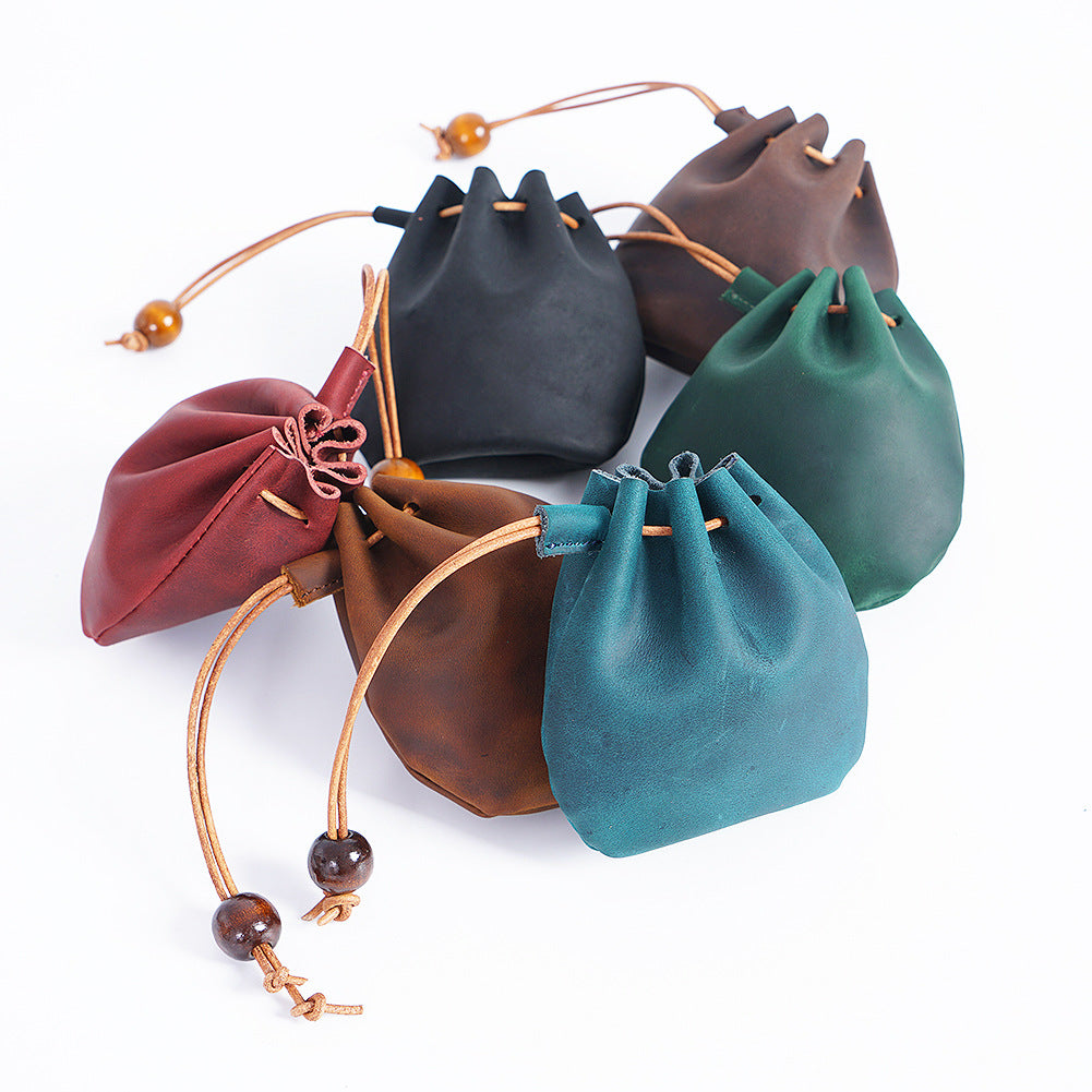 Layer Cowhide Drawstring Vintage Genuine Leather Buggy Coin Purses