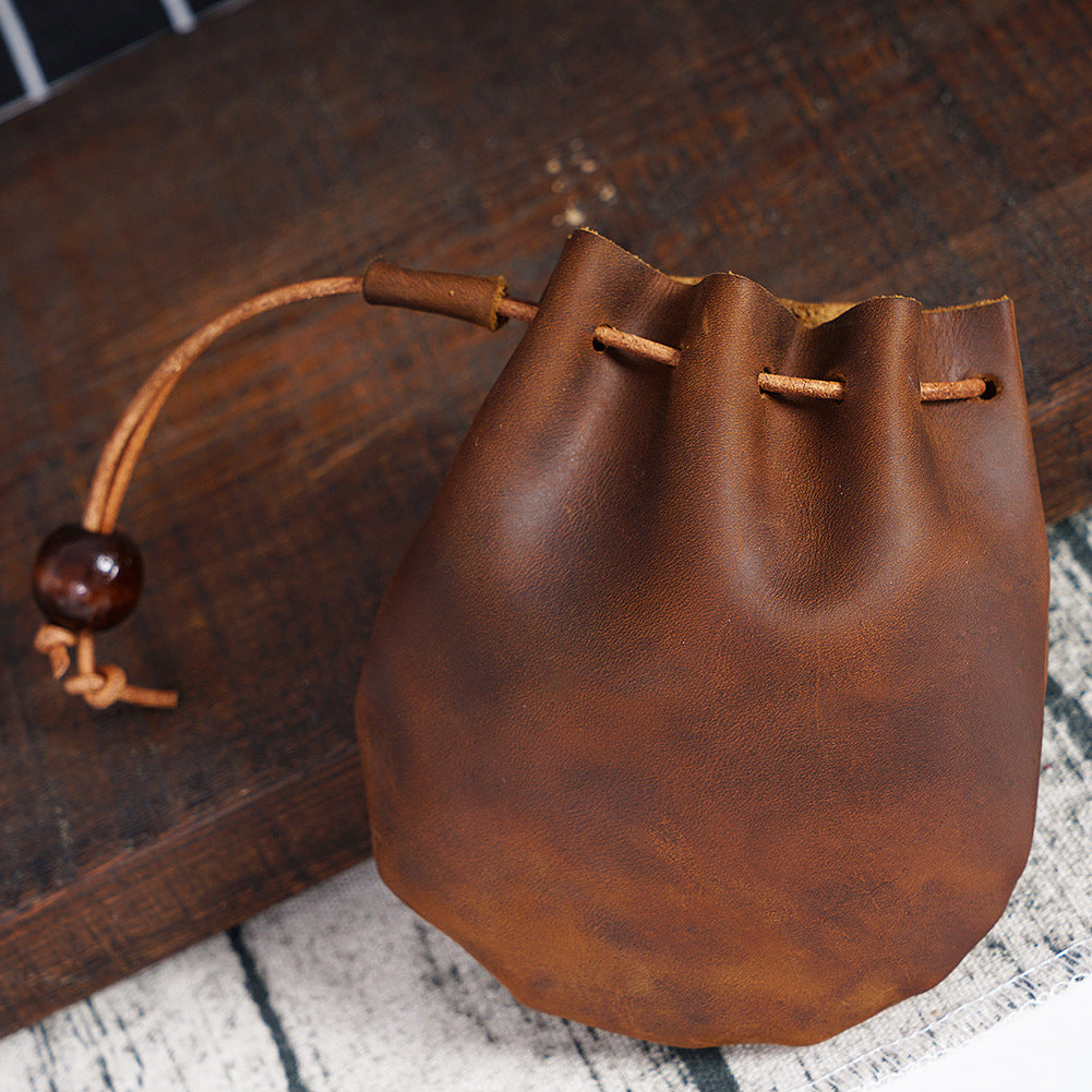 Layer Cowhide Drawstring Vintage Genuine Leather Buggy Coin Purses