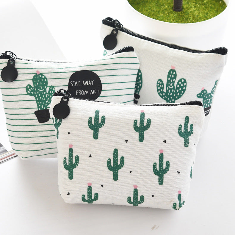 Canvas Triangle Cactus Small Fresh Zipper Coin Purses