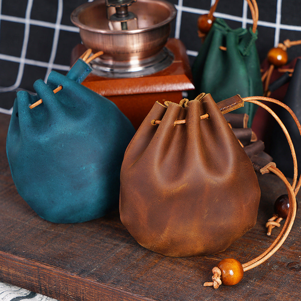 Layer Cowhide Drawstring Vintage Genuine Leather Buggy Coin Purses