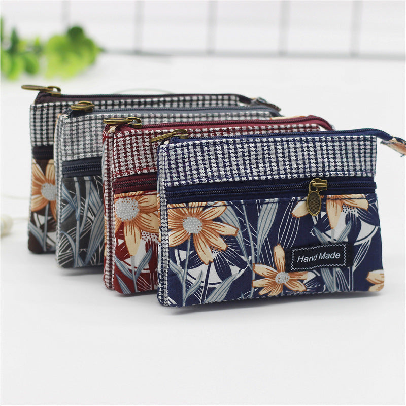 Women's Square Long Leaf Flower Cotton Small Change Coin Purses