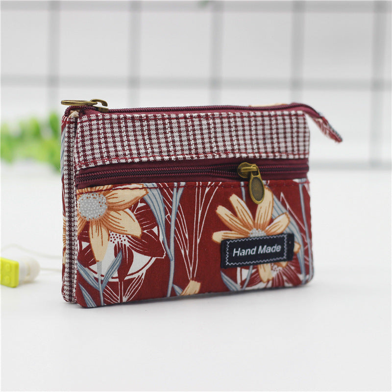 Women's Square Long Leaf Flower Cotton Small Change Coin Purses