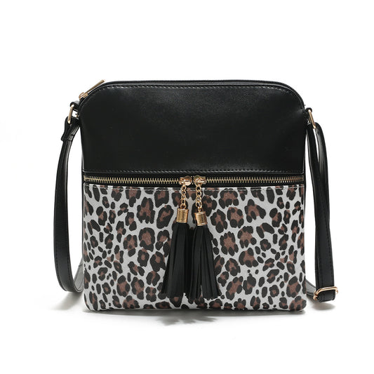 Women's Contrast Color Leopard Print Tassel Double Crossbody Bags