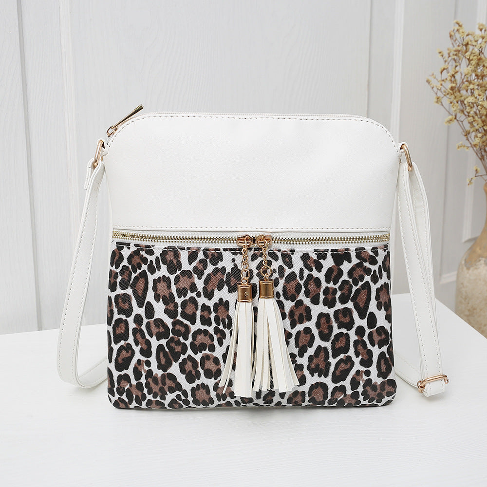 Women's Contrast Color Leopard Print Tassel Double Crossbody Bags