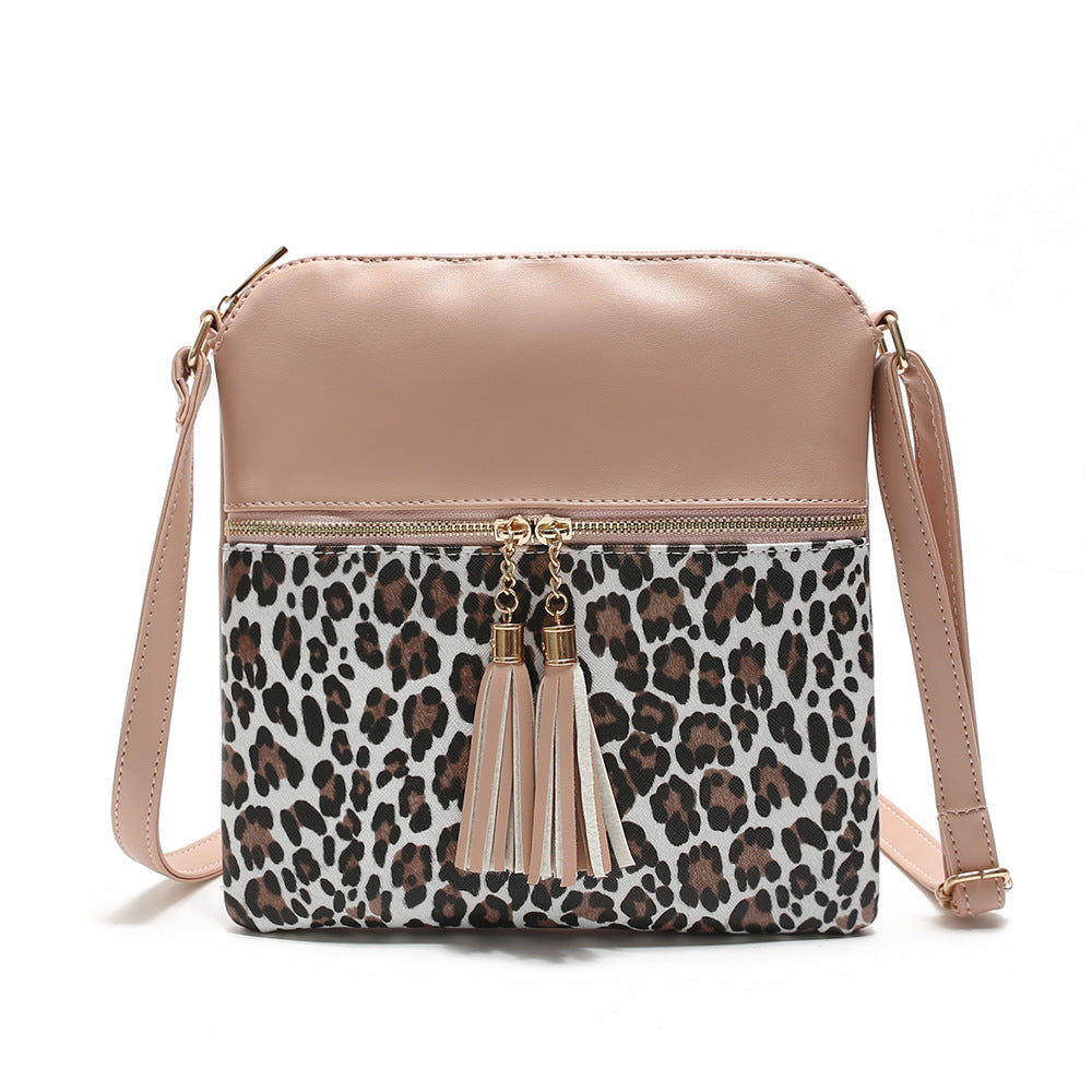 Women's Contrast Color Leopard Print Tassel Double Crossbody Bags