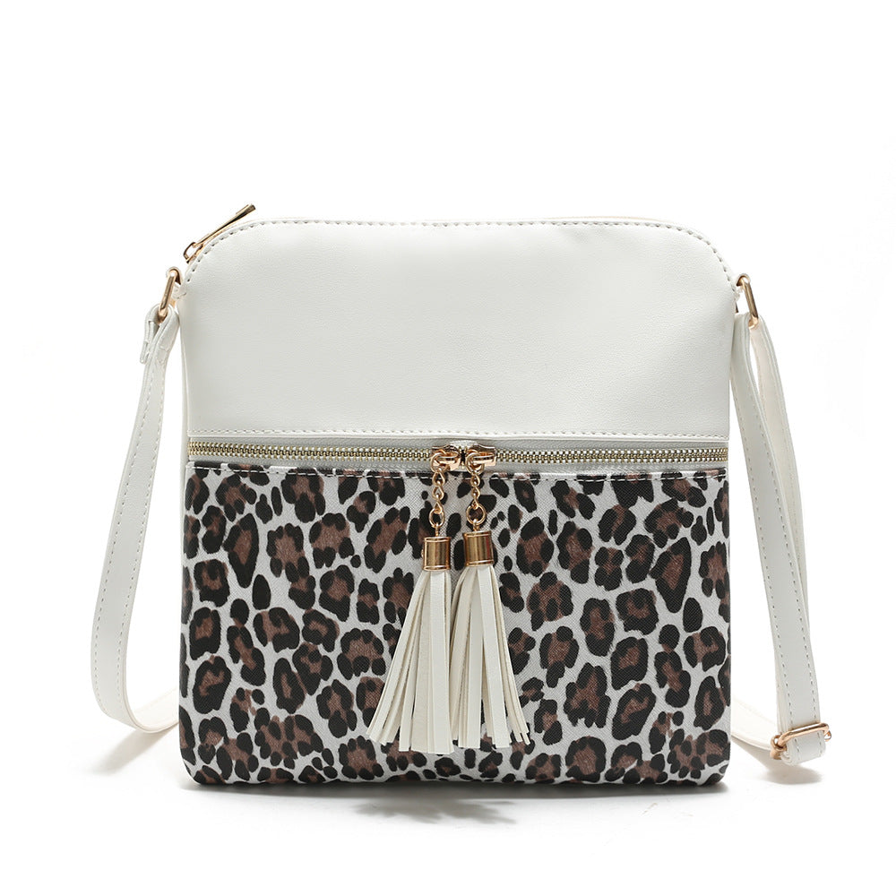 Women's Contrast Color Leopard Print Tassel Double Crossbody Bags