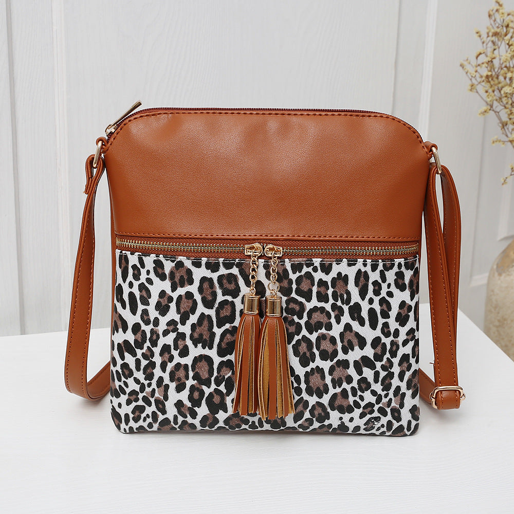 Women's Contrast Color Leopard Print Tassel Double Crossbody Bags