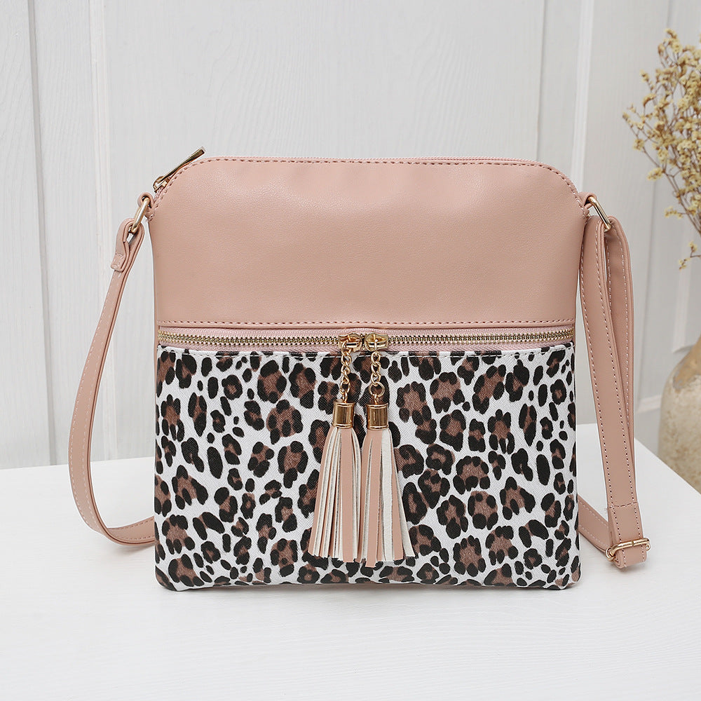 Women's Contrast Color Leopard Print Tassel Double Crossbody Bags