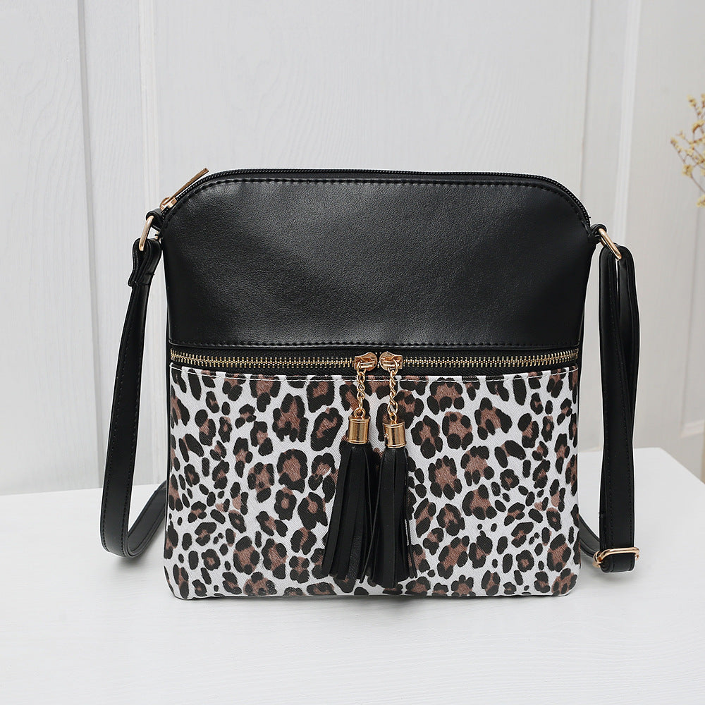 Women's Contrast Color Leopard Print Tassel Double Crossbody Bags