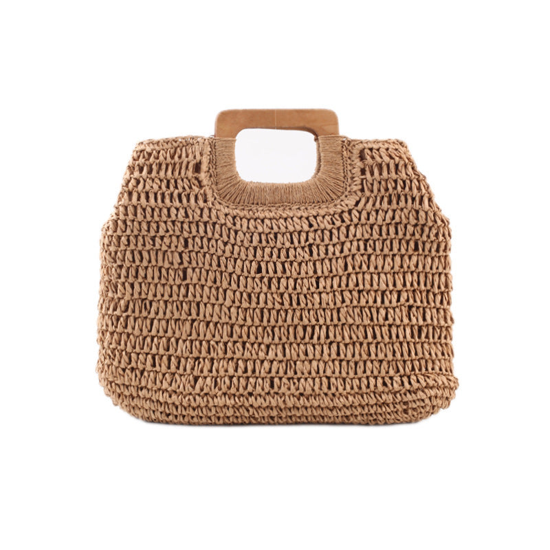 Women's Square Wooden Woven Large Capacity Straw Handbags