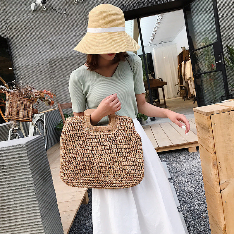 Women's Square Wooden Woven Large Capacity Straw Handbags