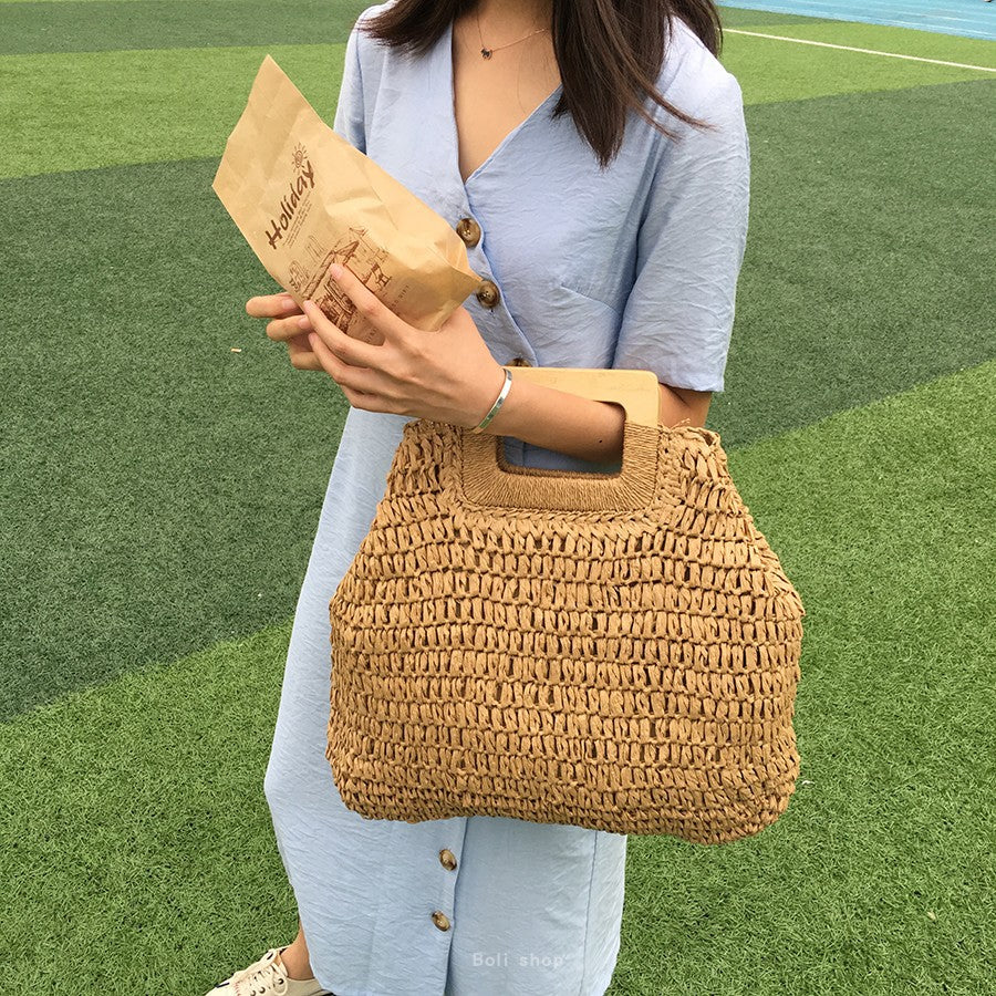 Women's Square Wooden Woven Large Capacity Straw Handbags