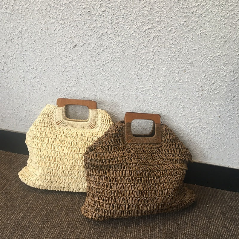 Women's Square Wooden Woven Large Capacity Straw Handbags