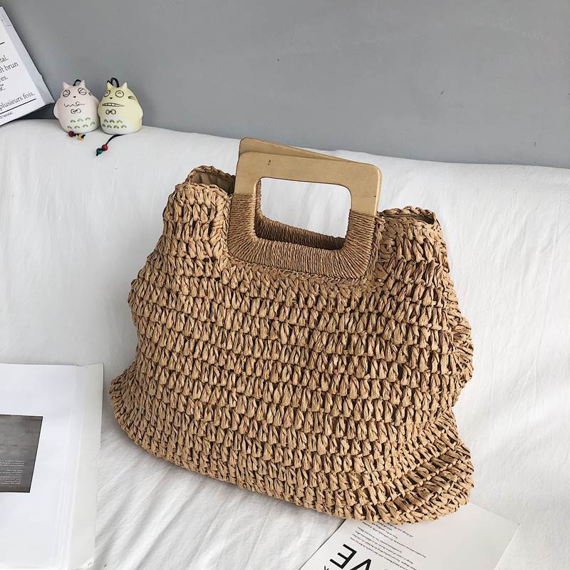 Women's Square Wooden Woven Large Capacity Straw Handbags