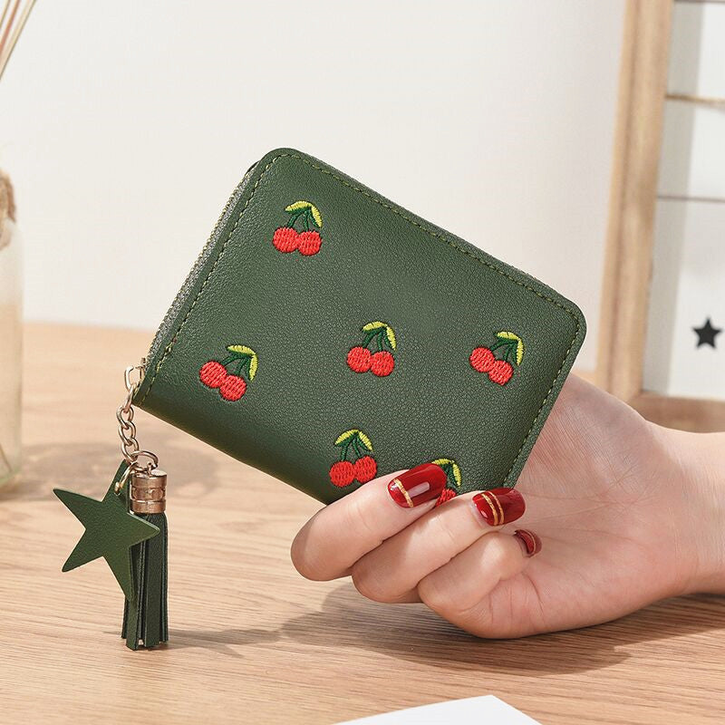 Short Cherry Embroidery Trendy Small Minimalist Ladies Wallets