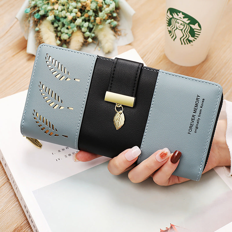 Women's Korean Color Matching Long Two-fold Hollow Ladies Wallets