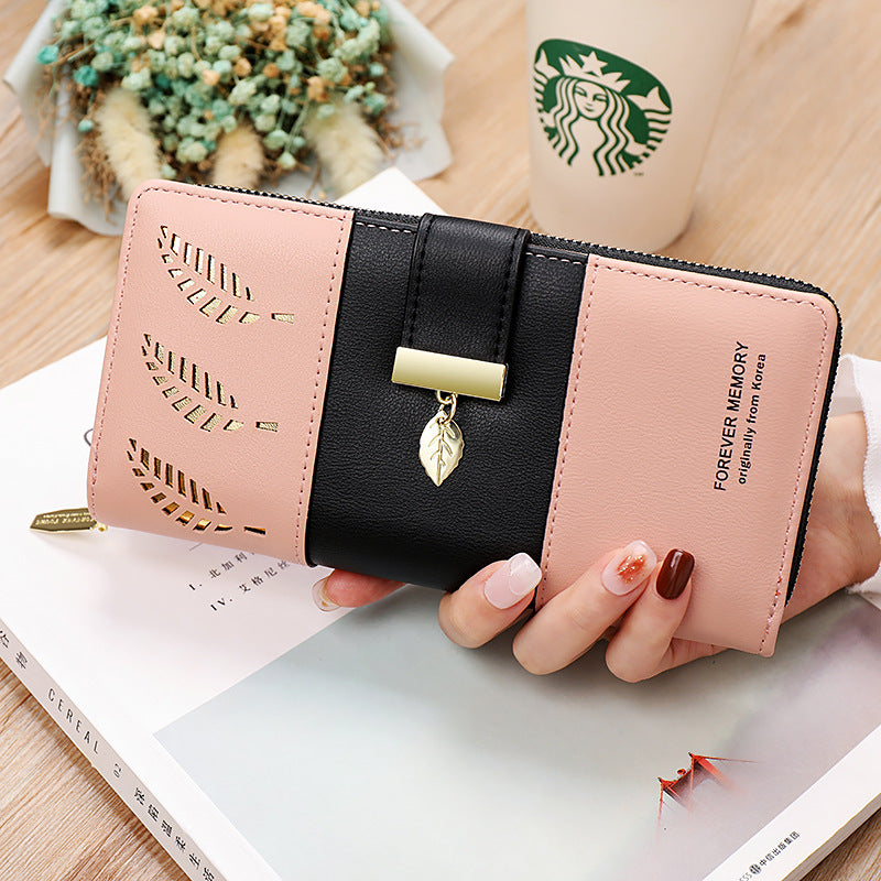 Women's Korean Color Matching Long Two-fold Hollow Ladies Wallets