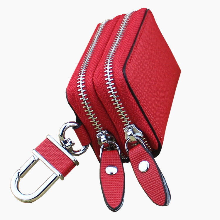 Cowhide Car Double Layer Zipper Cross Pattern Leather Key Bags