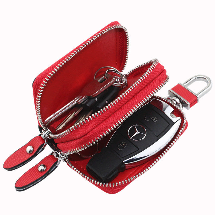 Cowhide Car Double Layer Zipper Cross Pattern Leather Key Bags