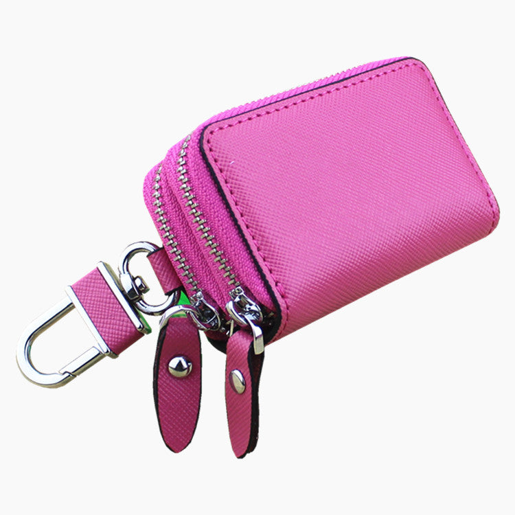 Cowhide Car Double Layer Zipper Cross Pattern Leather Key Bags