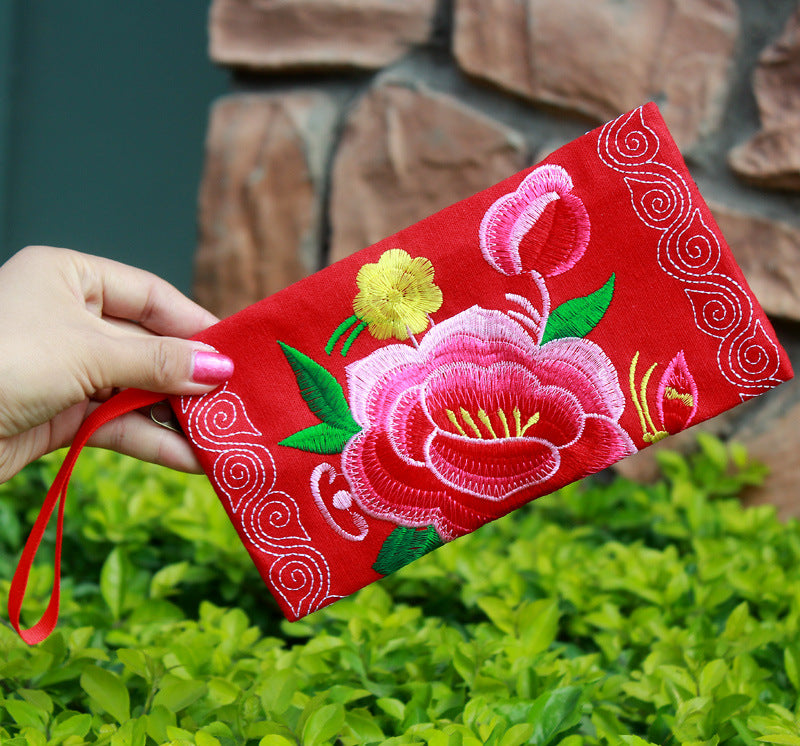 Pochette en tissu grande pivoine brodée pour femmes, cadeaux à l'étranger, porte-monnaie