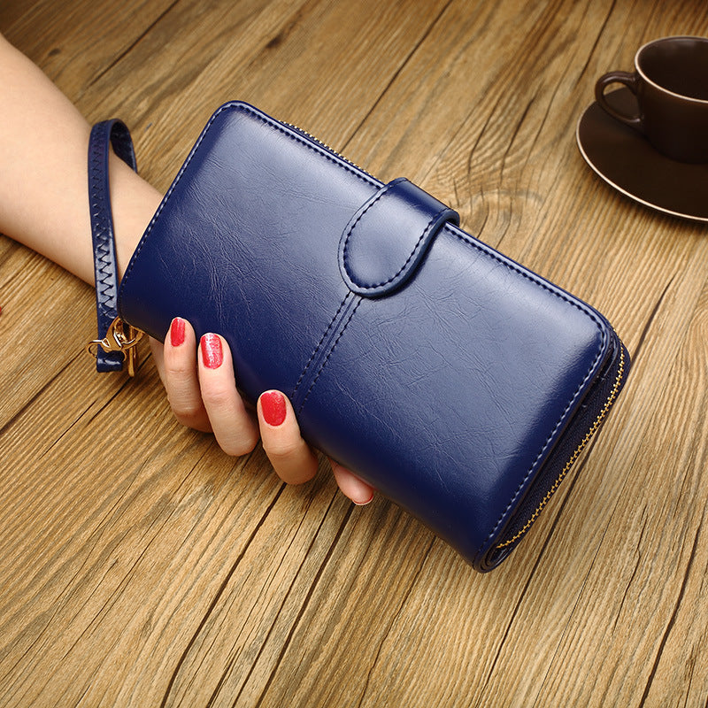 Women's Oil Wax Leather Retro Long Zipper Ladies Wallets