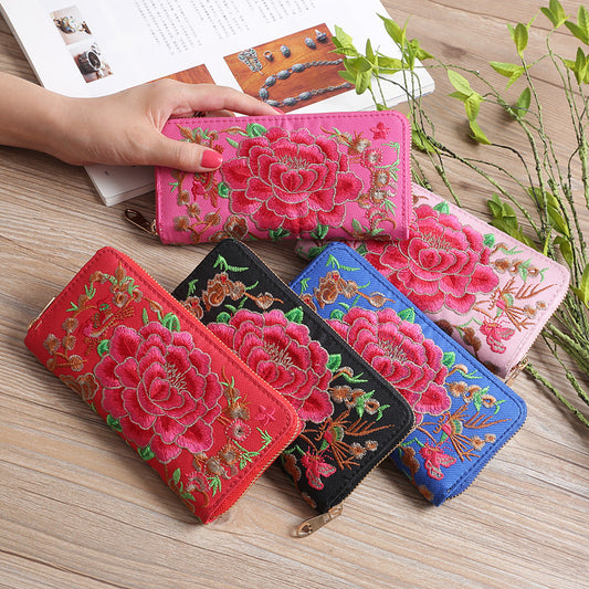 Women's Style Peony Embroidered Double Sided Embroidery Ladies Wallets