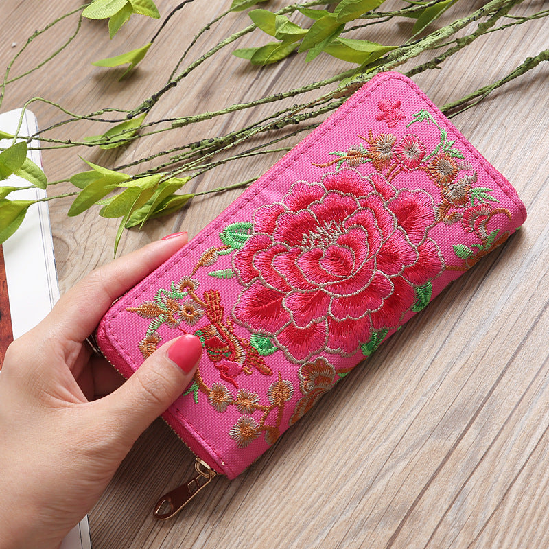 Women's Style Peony Embroidered Double Sided Embroidery Ladies Wallets