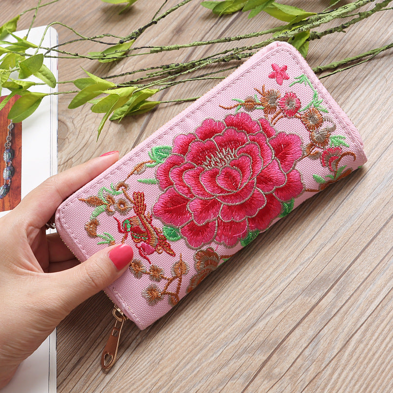 Women's Style Peony Embroidered Double Sided Embroidery Ladies Wallets