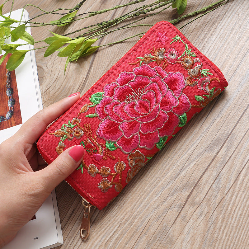 Women's Style Peony Embroidered Double Sided Embroidery Ladies Wallets