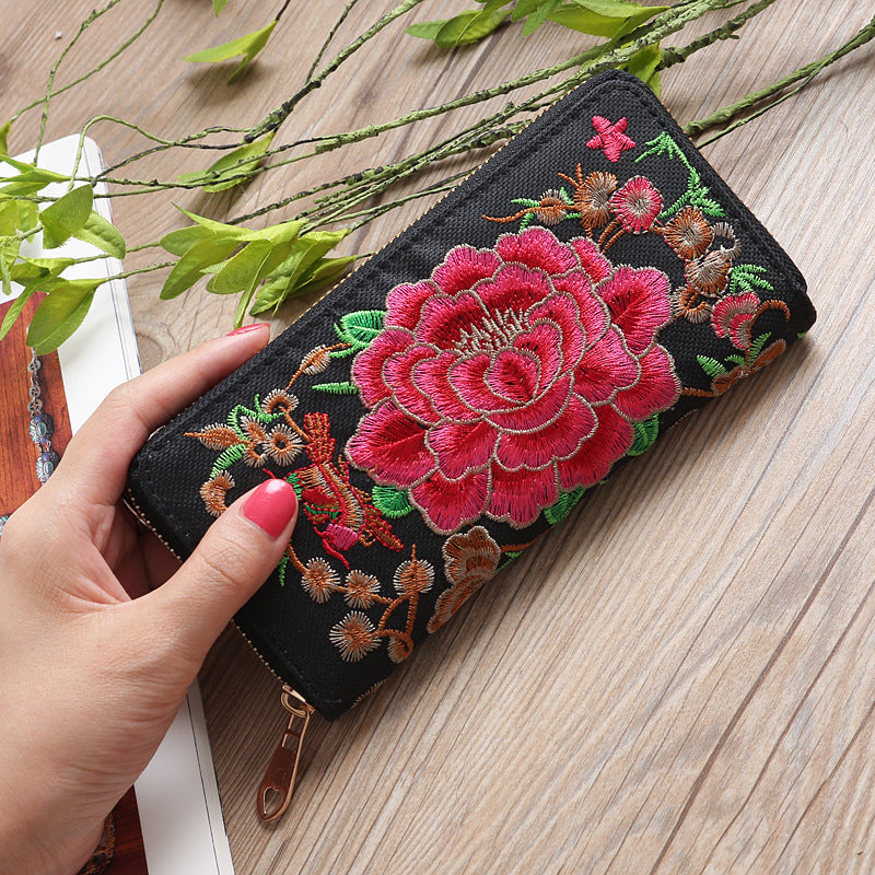 Women's Style Peony Embroidered Double Sided Embroidery Ladies Wallets