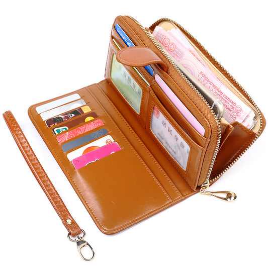 Women's Oil Wax Leather Retro Long Zipper Ladies Wallets